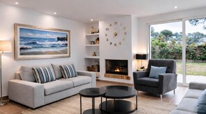 Smart TV, chimenea, reproductor de DVD y libros 