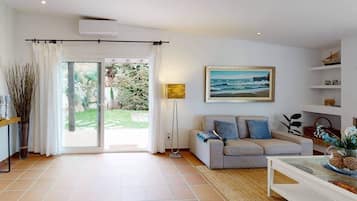 Smart TV, chimenea, reproductor de DVD, libros