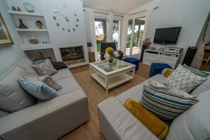 Smart TV, fireplace, DVD player, books