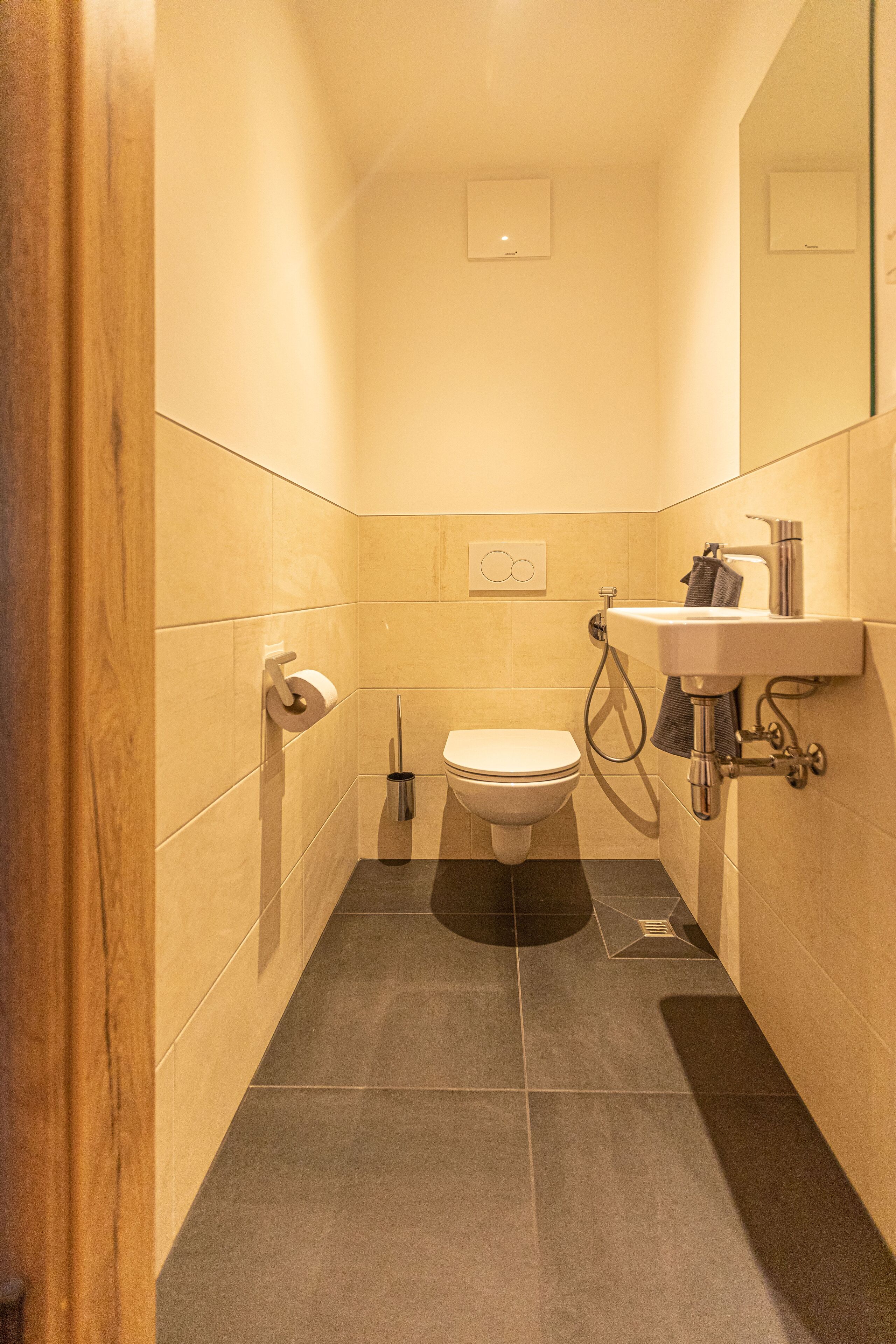 Une petite salle de bain moderne, équipée de toilettes, d’un lavabo et d’un miroir.