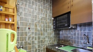 A compact kitchen with a microwave, sink, and washing machine. - Charming city center studio with wifi (Mont-Dore)