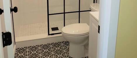 A bathroom with a shower enclosure, a toilet, and patterned floor tiles.