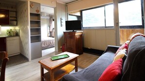 Un espacio habitable compacto con kitchenette, cama, televisor y sofá.