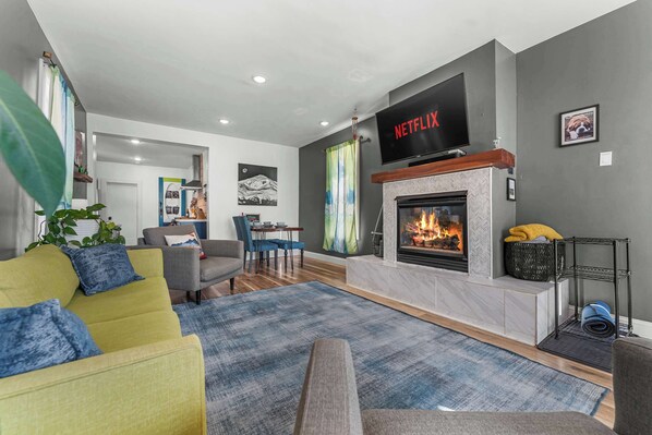 TV, fireplace, video games, offices