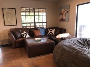 Smart TV, fireplace, books, stereo