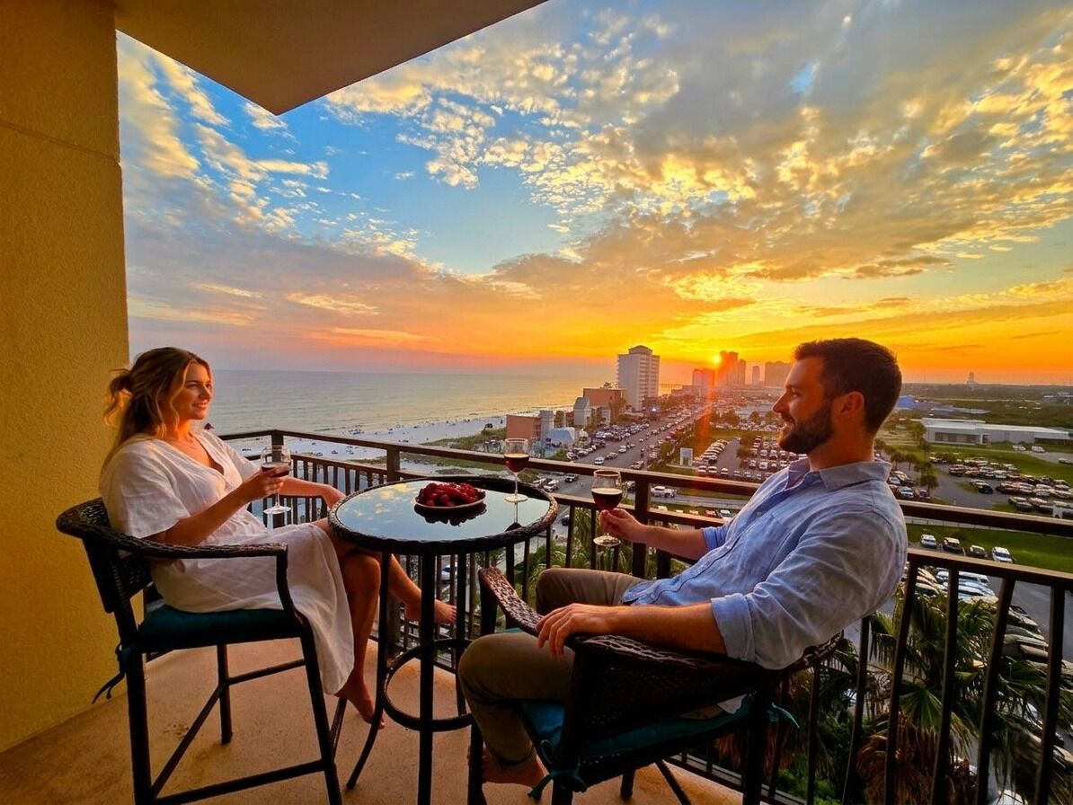 Een balkon met twee stoelen en een tafeltje, met uitzicht op een stadsbeeld tijdens de zonsondergang.