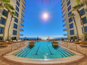 Outdoor pool, a heated pool - ♥️Ocean & Main Strip View 🔥 Fireplace 🏝️Beach Condo🏖️Origin 805💥Free Parking (Panama City Beach)