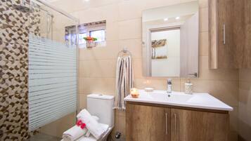 Comfort House | Bathroom | Shower, rainfall showerhead, hair dryer, soap
