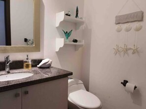 Shower, jetted bath, hair dryer, towels