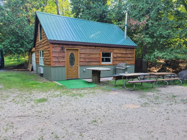 Une cabane rustique avec un toit en métal vert, une porte en bois et une table de pique-nique.