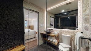 Combined shower/tub, hair dryer, towels