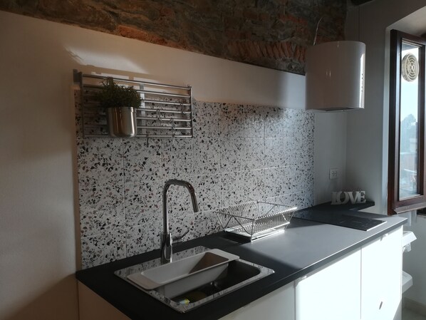 Una cocina moderna con encimera negra, un lavamanos de acero inoxidable, salpicadero con baldosas veteadas, una planta colgante y una ventana con vistas.