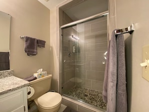 Ensemble baignoire-douche, séchoir à cheveux, serviettes fournies, savon