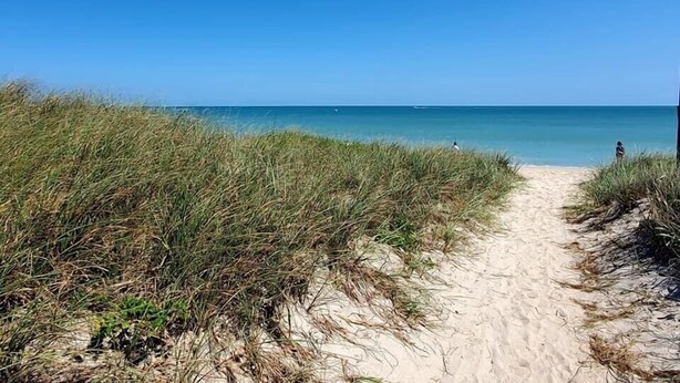 Un sentier de sable qui longe la plage et mène à l’océan, bordé de dunes herbeuses.