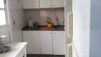 Fridge, microwave, oven, cookware/dishes/utensils