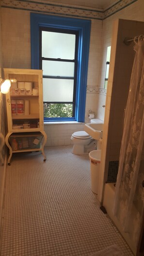 Bañera con ducha, secador de pelo, toallas, jabón