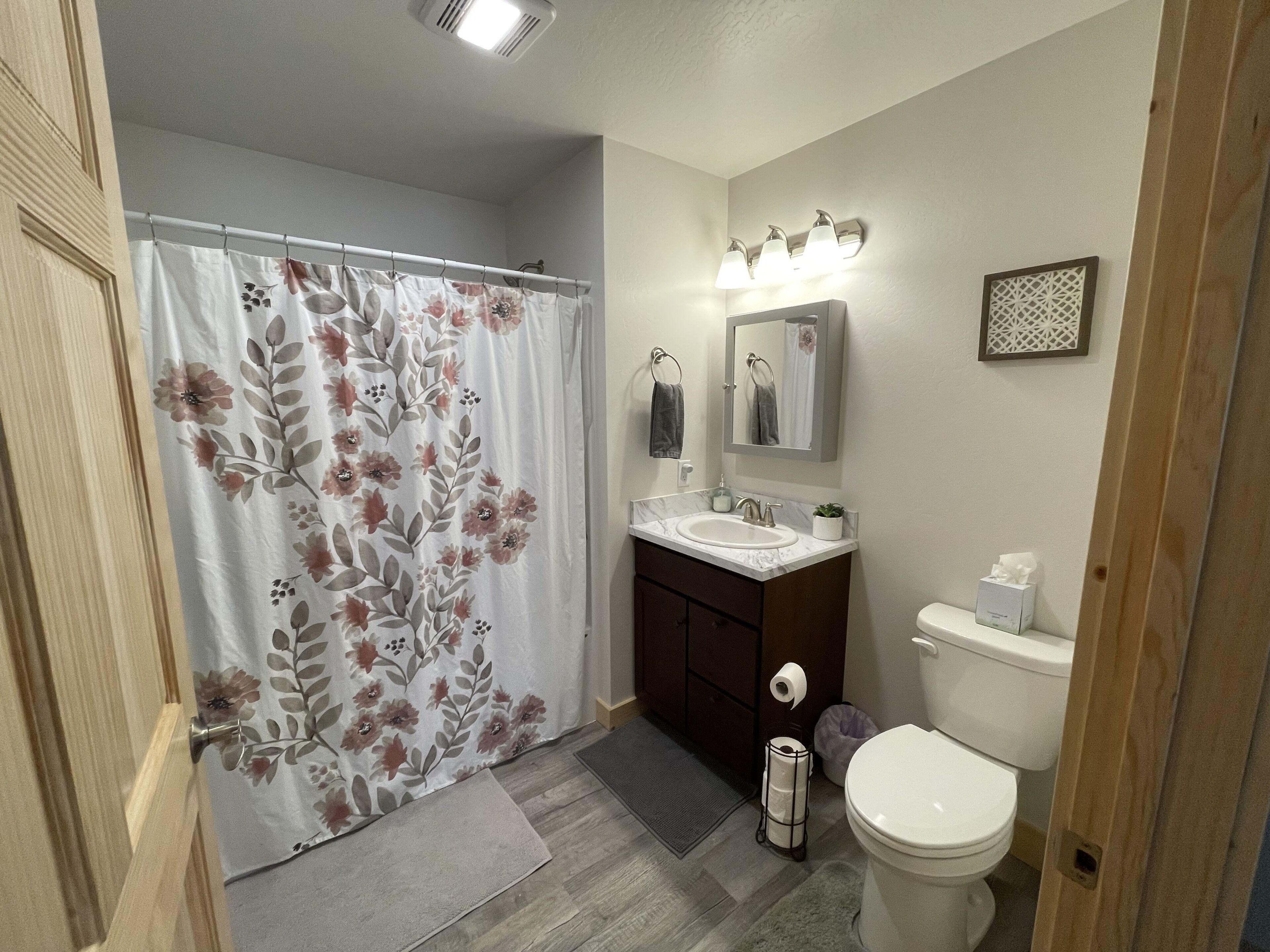 Une salle de bain équipée d’un rideau de douche, d’un lavabo, d’un miroir et de toilettes.
