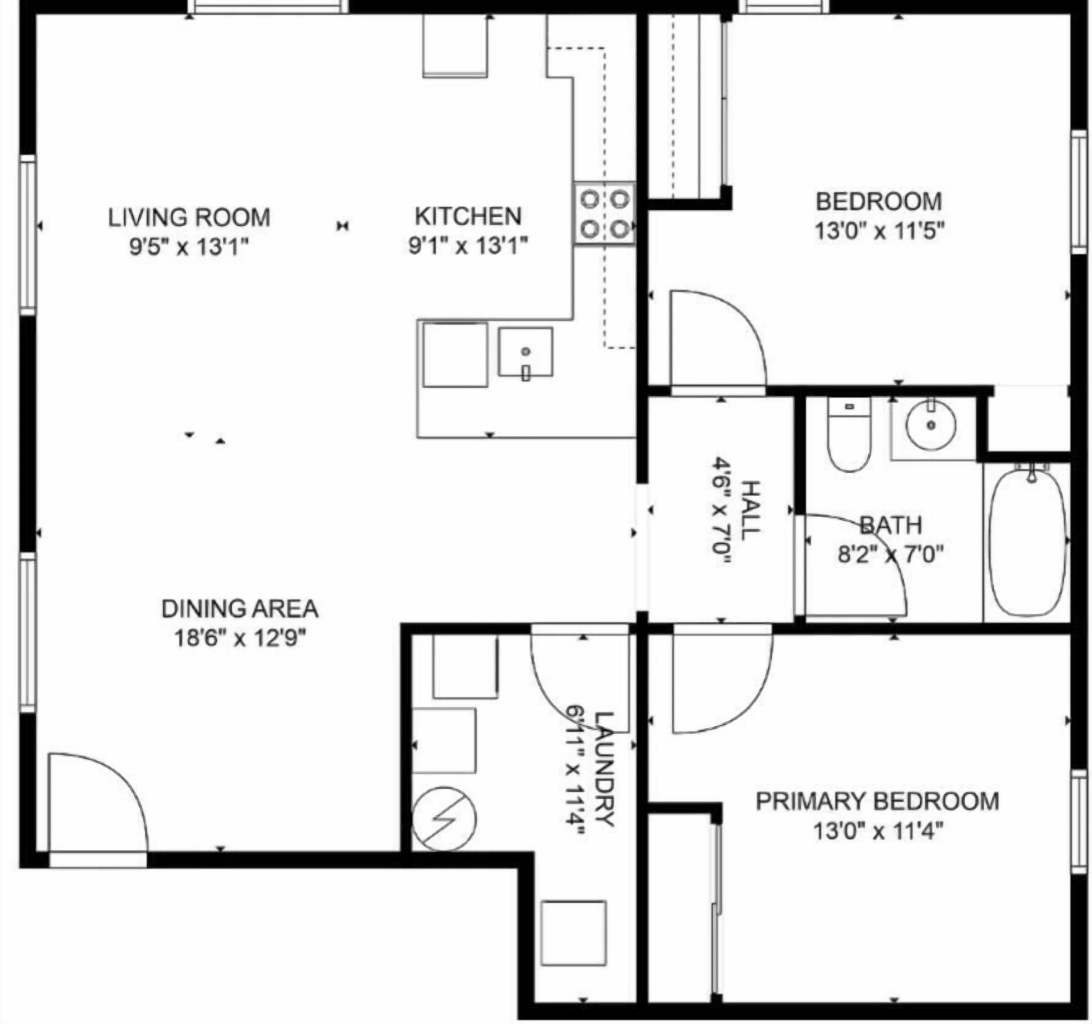 Un plan d’étage comprenant un salon, une cuisine, un coin repas, deux chambres, une salle de bain et une buanderie.