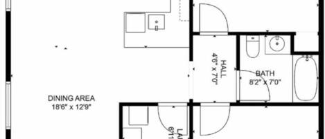 Un plan d’étage comprenant un salon, une cuisine, un coin repas, deux chambres, une salle de bain et une buanderie.