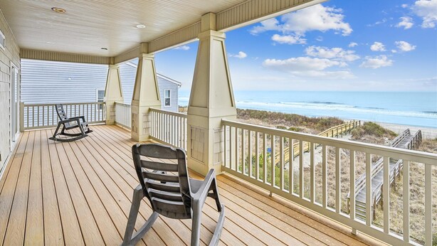 A covered deck with wooden flooring, two rocking chairs, and a view of the ocean and beach. - Sun Sand & Sea, an Oceanfront 9BR House with Private Pool. (North Myrtle Beach)