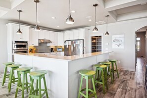 Fridge, microwave, oven, stovetop - Living Beach 3, Luxury Oceanfront Home in Cherry Grove with Game Room and Pool (North Myrtle Beach)