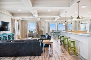 TV, DVD player, table football - Living Beach 3, Luxury Oceanfront Home in Cherry Grove with Game Room and Pool (North Myrtle Beach)