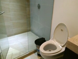 Ein Badezimmer mit Toilette, einer Duschkabine aus Glas und einem Mülleimer.