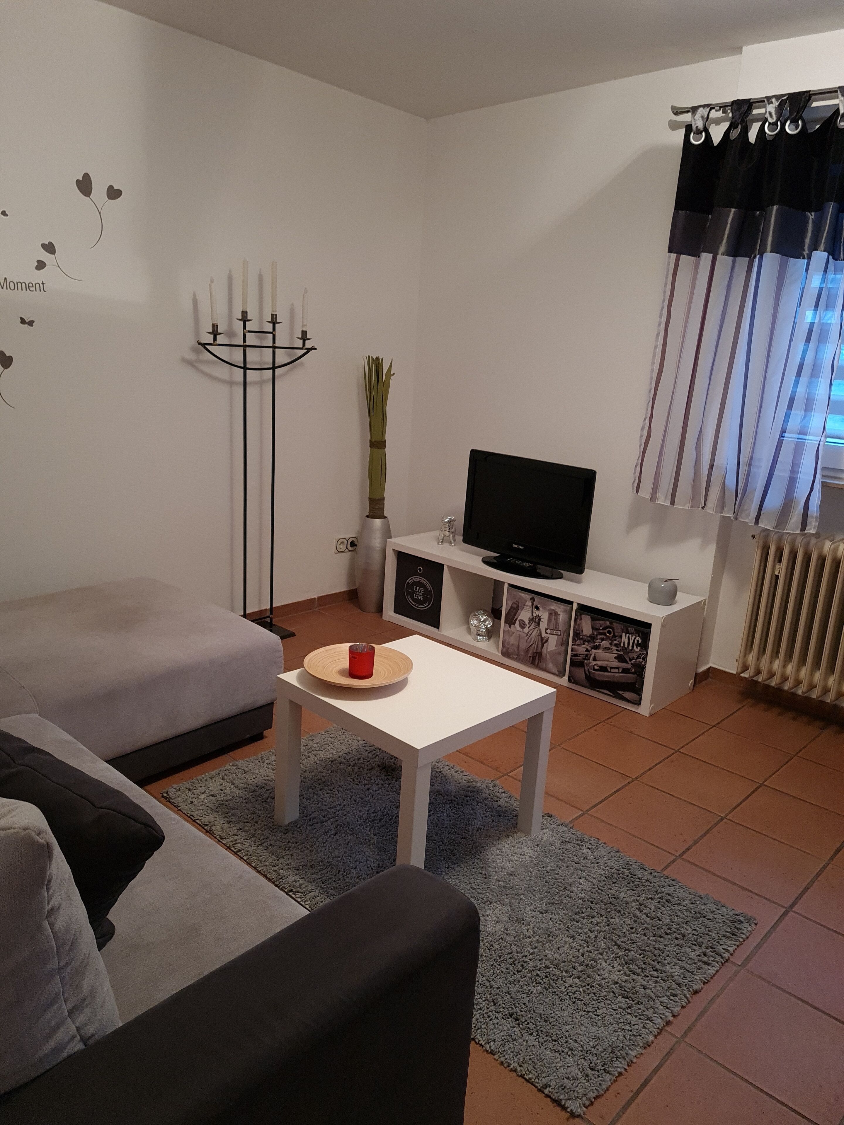 A modern living room with a grey sofa, a white coffee table with a red candle, a TV on a white stand, and a decorative plant.