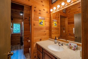 Combined shower/bathtub, jetted bath, hair dryer, towels