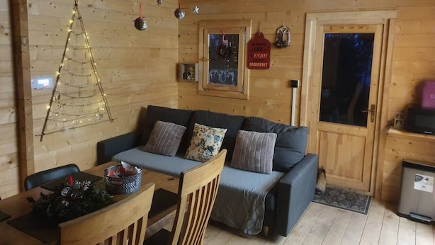 A cozy cabin interior with a wooden ceiling, a sofa with cushions, a dining table with chairs, and a Christmas tree.