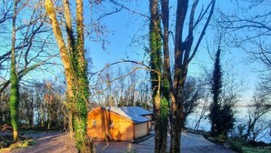 A rustic cabin with a sloped roof, surrounded by trees and a gravel path.