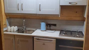 Cabin | Private kitchen | Fridge, microwave, oven, stovetop