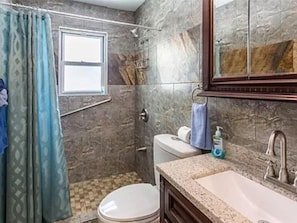 Shower, hair dryer, bidet, towels
