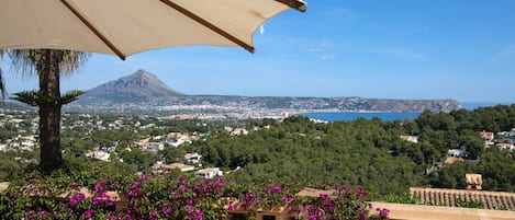 Un balcon donnant sur une ville côtière, avec une montagne en arrière-plan et des fleurs violettes au premier plan.