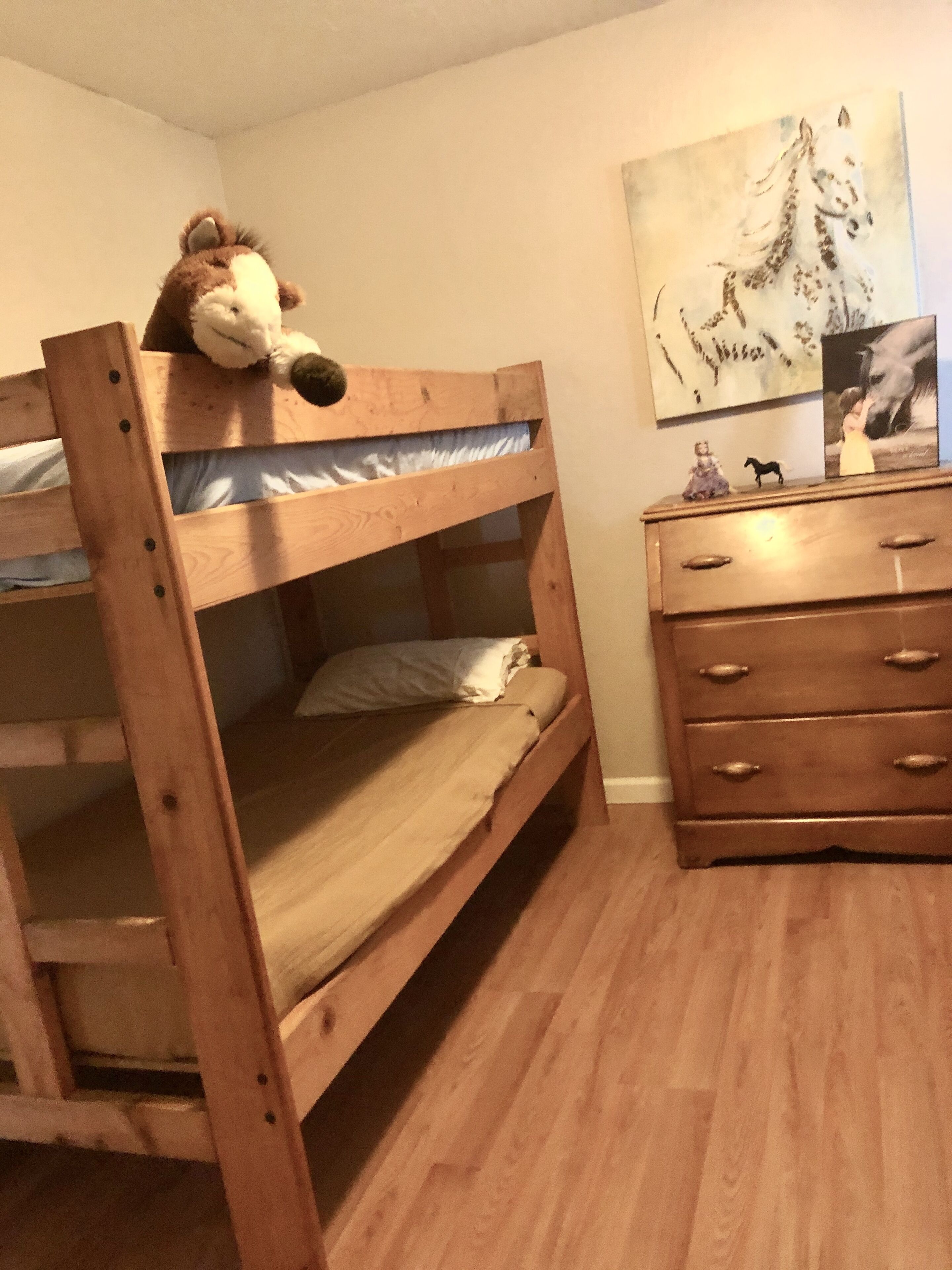 A bunk bed with a stuffed toy on top, a dresser with drawers, and a painting on the wall.