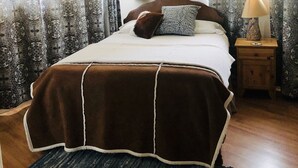 A bedroom with a bed, a ceiling fan, patterned curtains, a painting on the wall, and a bedside table with a lamp. - Vacation with the Horses in our Ranch House! Right off Hwy 395 (Inyokern)