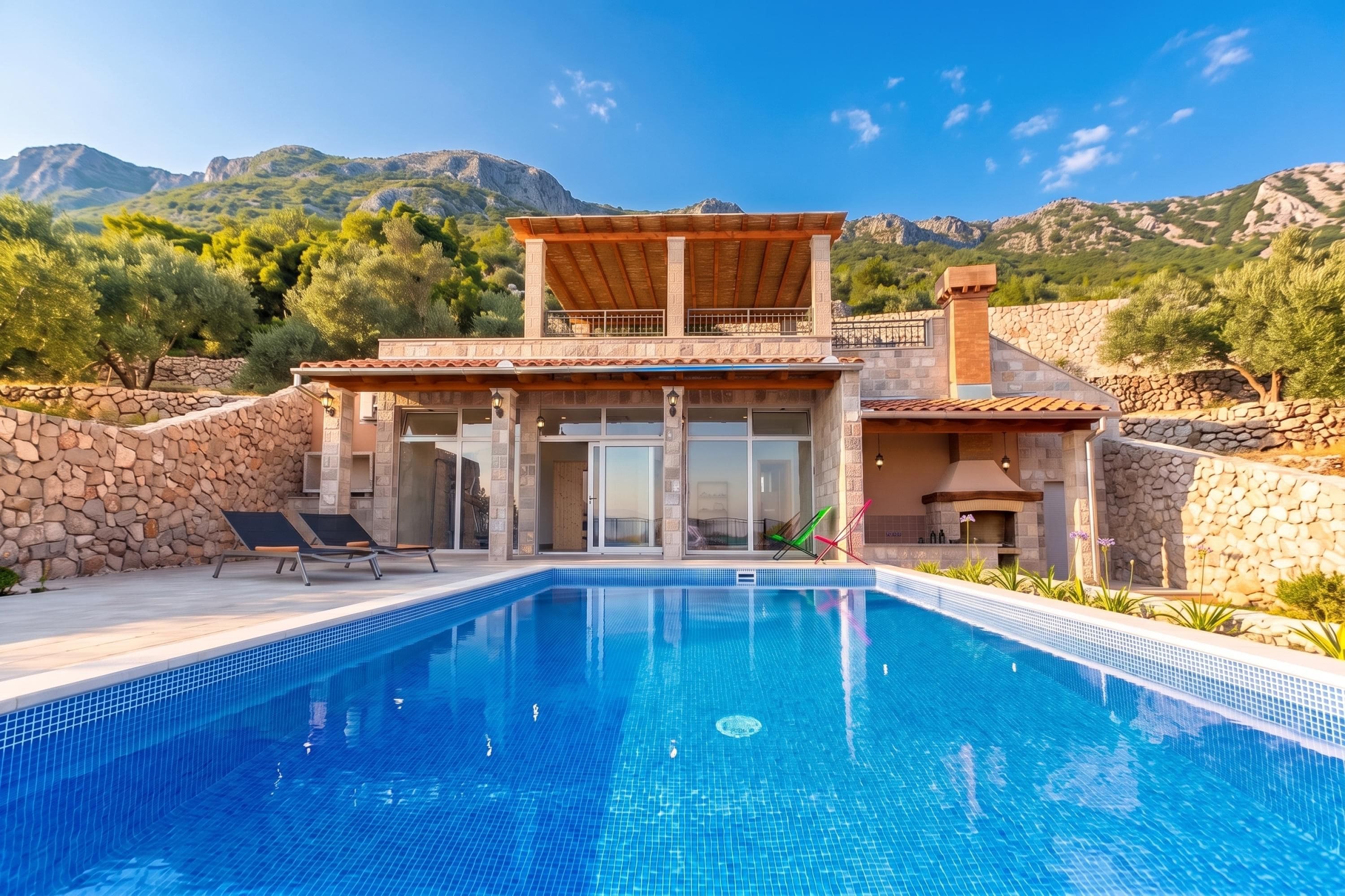A two-story building with a swimming pool, stone walls, and a view of mountains.