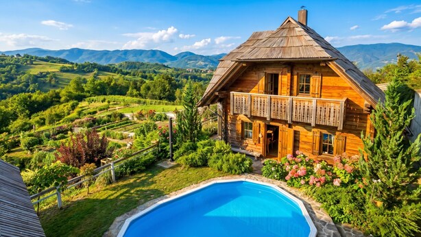Une cabane en bois dotée d’un balcon, entourée d’une piscine et d’une végétation luxuriante.