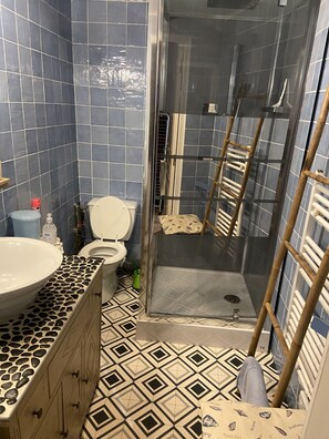 Regadera, secadora de cabello, toallas, papel de baño