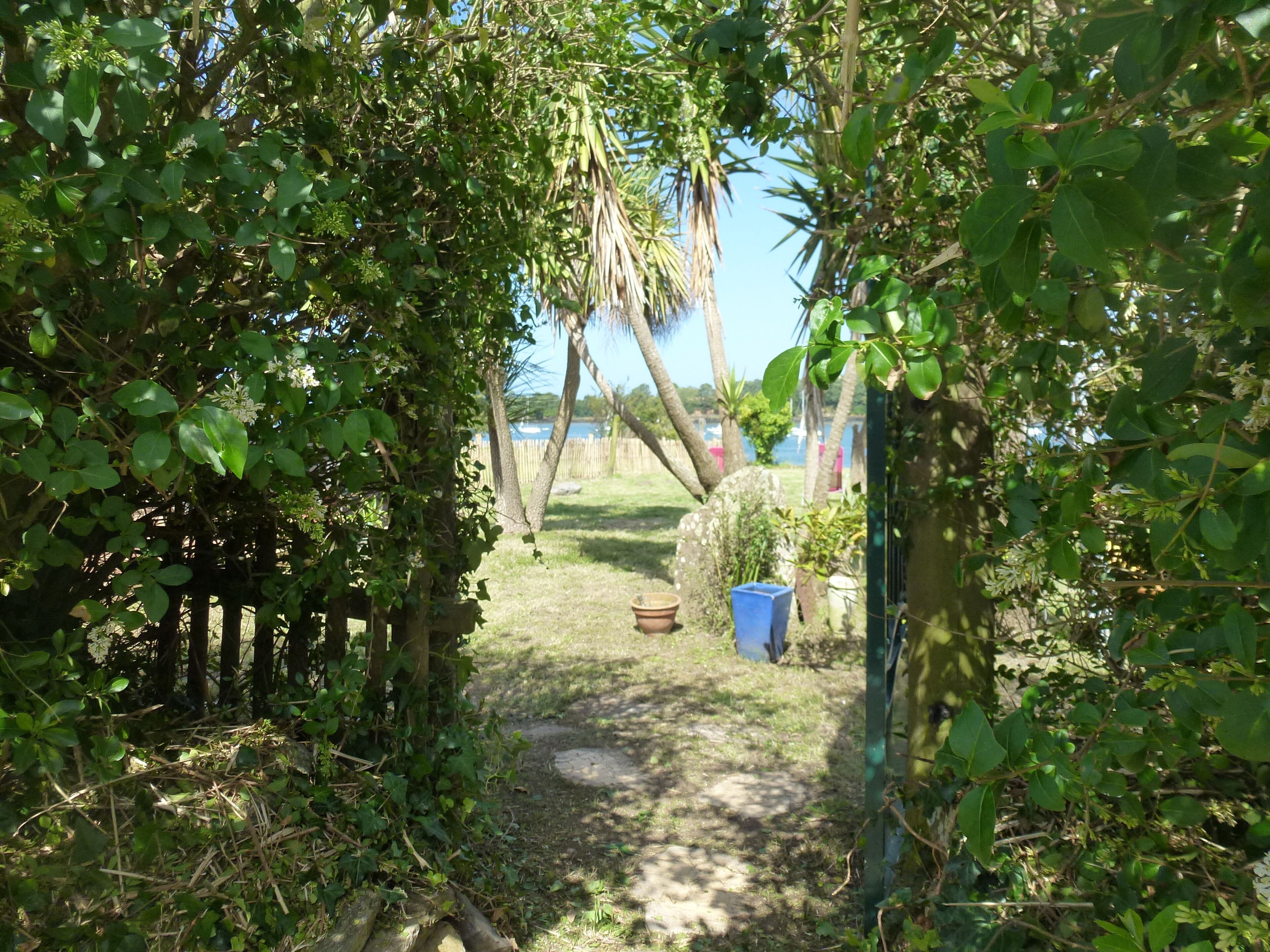 A garden pathway leading to a body of water, surrounded by dense foliage and a wooden fence.