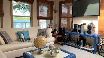 Smart TV, lareira, livros, biblioteca musical