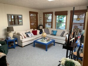 Smart-TV, Kamin, Bücher, Musikbibliothek