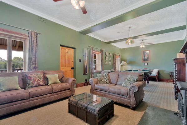 TV, fireplace, books