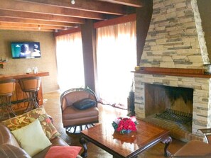 Télévision, cheminée, chaîne hi-fi