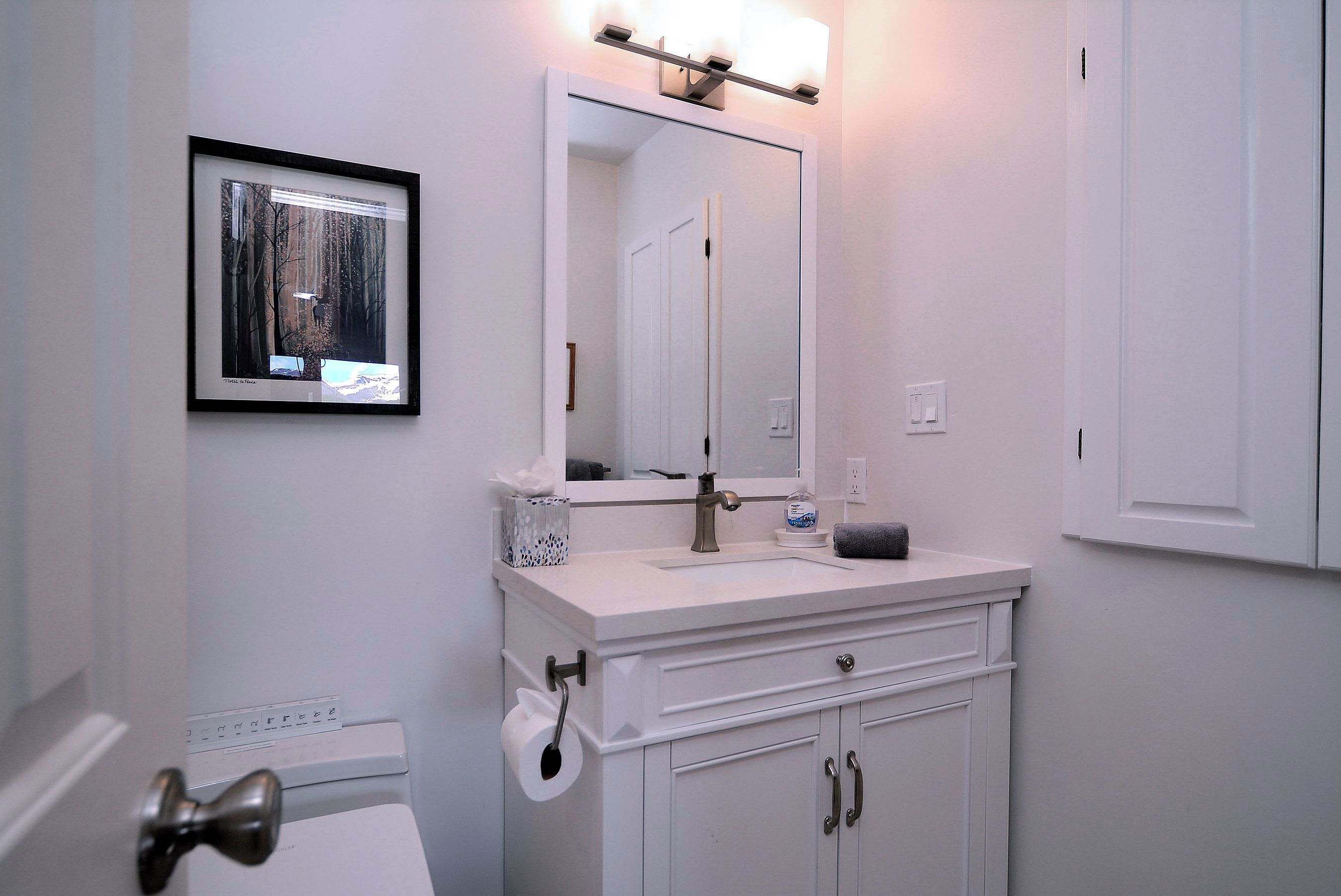 A bathroom with a white sink, a mirror, a framed picture, and a toilet.