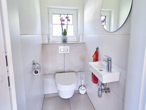 A small bathroom with a toilet, a sink, a mirror, and a window with a plant. - Bergblick Acht, Österreich (Innerschwand am Mondsee)