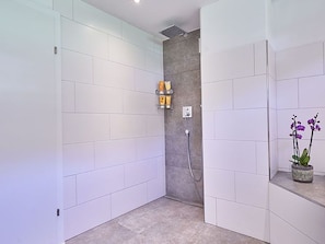 Shower, hair dryer, towels, toilet paper