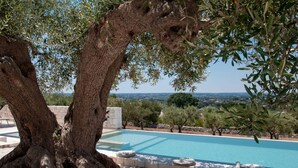 Zona de piscina con un árbol grande y vistas del paisaje.