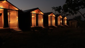 Una hilera de cabañas de madera con puertas y ventanas de vidrio, cada una iluminada por una cálida luz interior.
