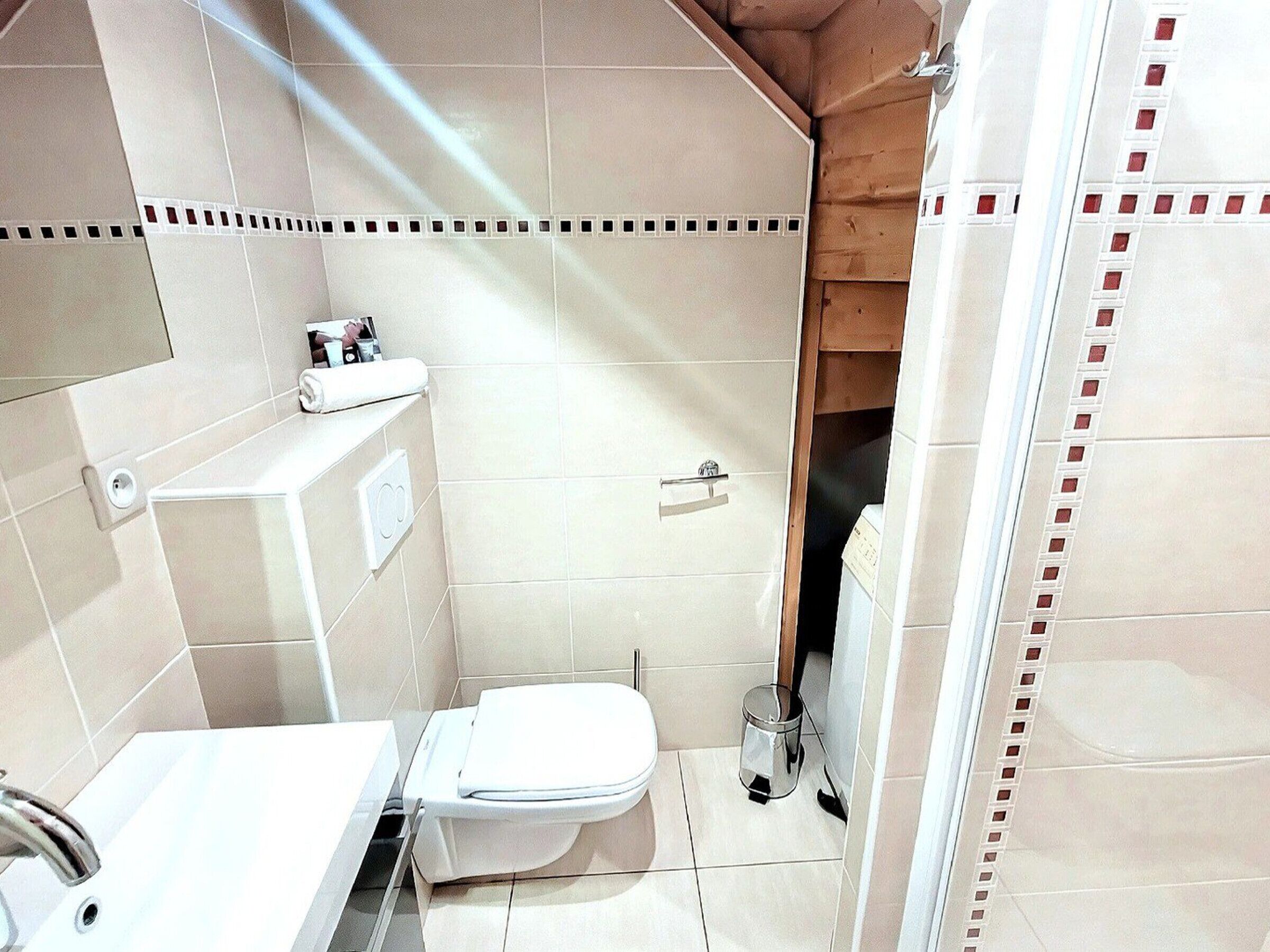 Un baño con inodoro, lavabo y zona de ducha.